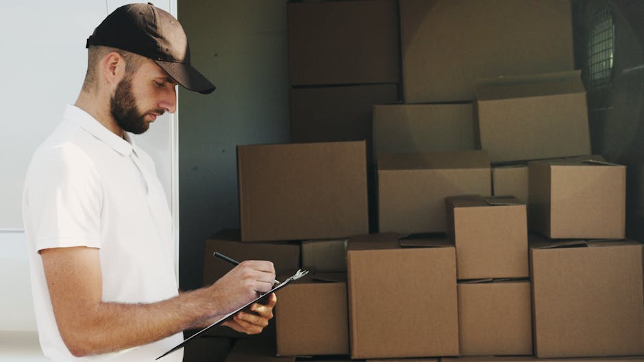 Close-up of a man in a white short-sleeved T-shirt holding a black clipboard and pen, inspecting and noting details during a house removal process. Behind him, several cardboard moving boxes are stack